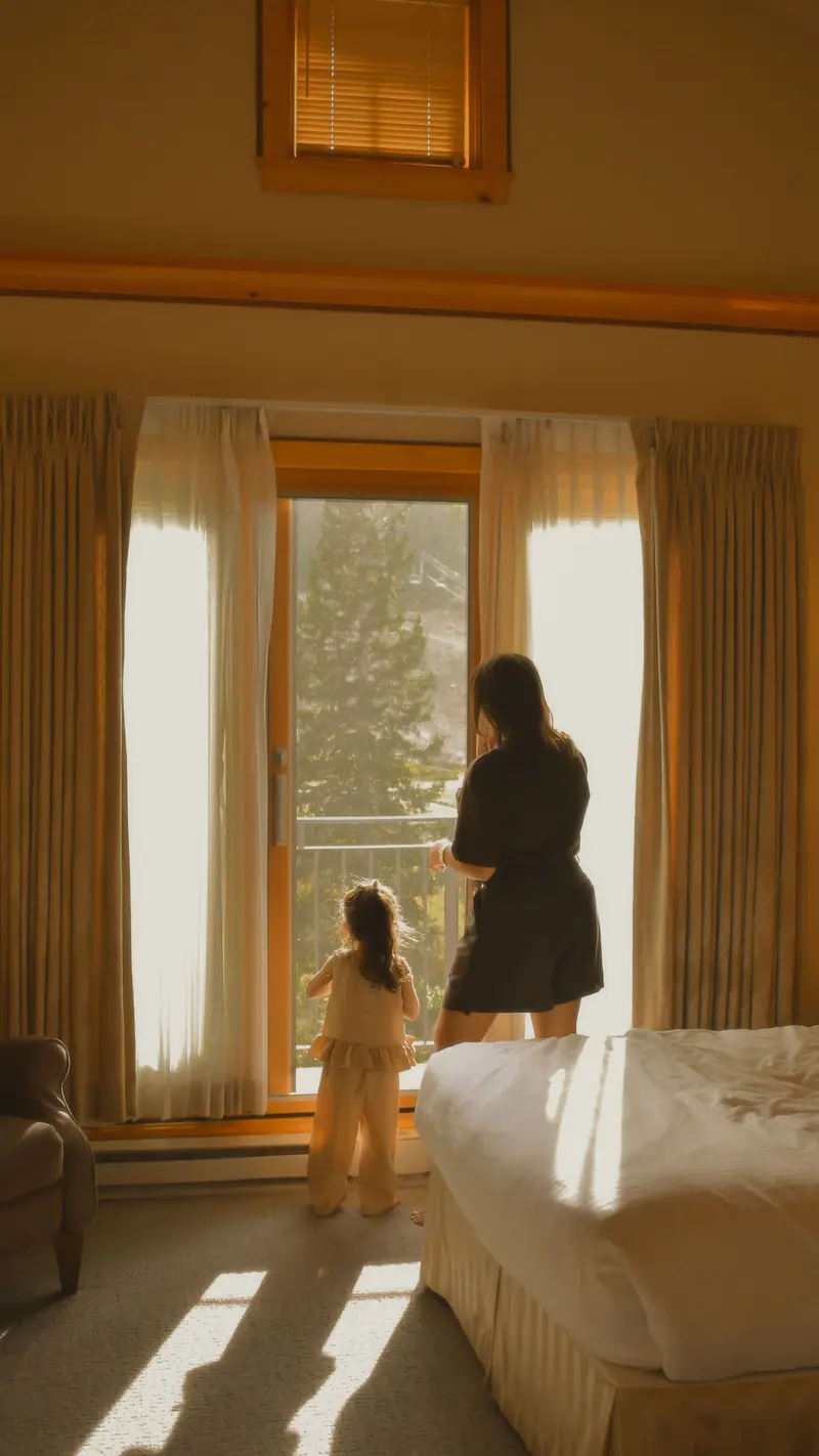 A mother and her daughter in silhouette at a sunlit window